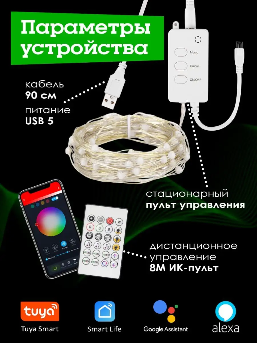 Умная Гирлянда USB Wi-Fi Tuya Алиса