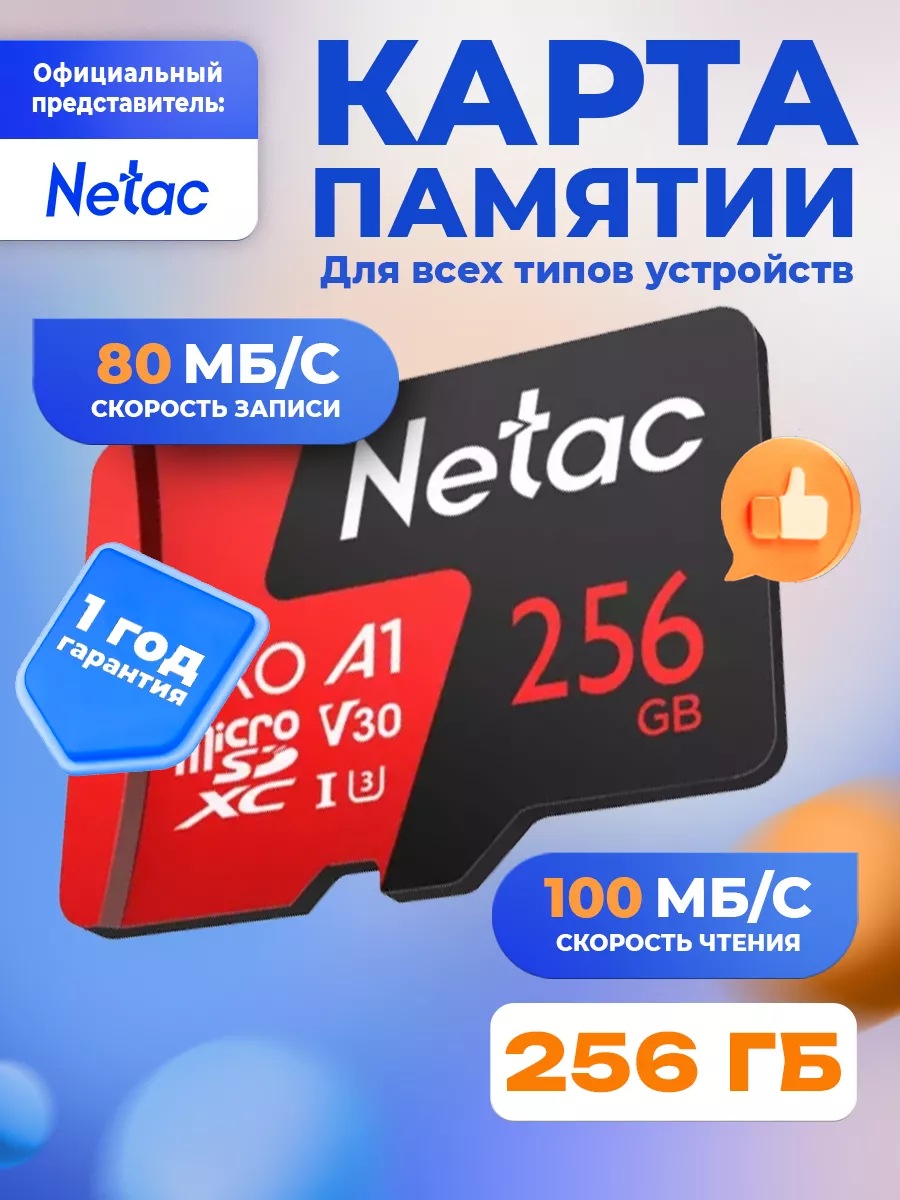 NETAC Карта памяти MicroSDXC 256ГБ P500 Pro Class 10 UHS-I A1 V30