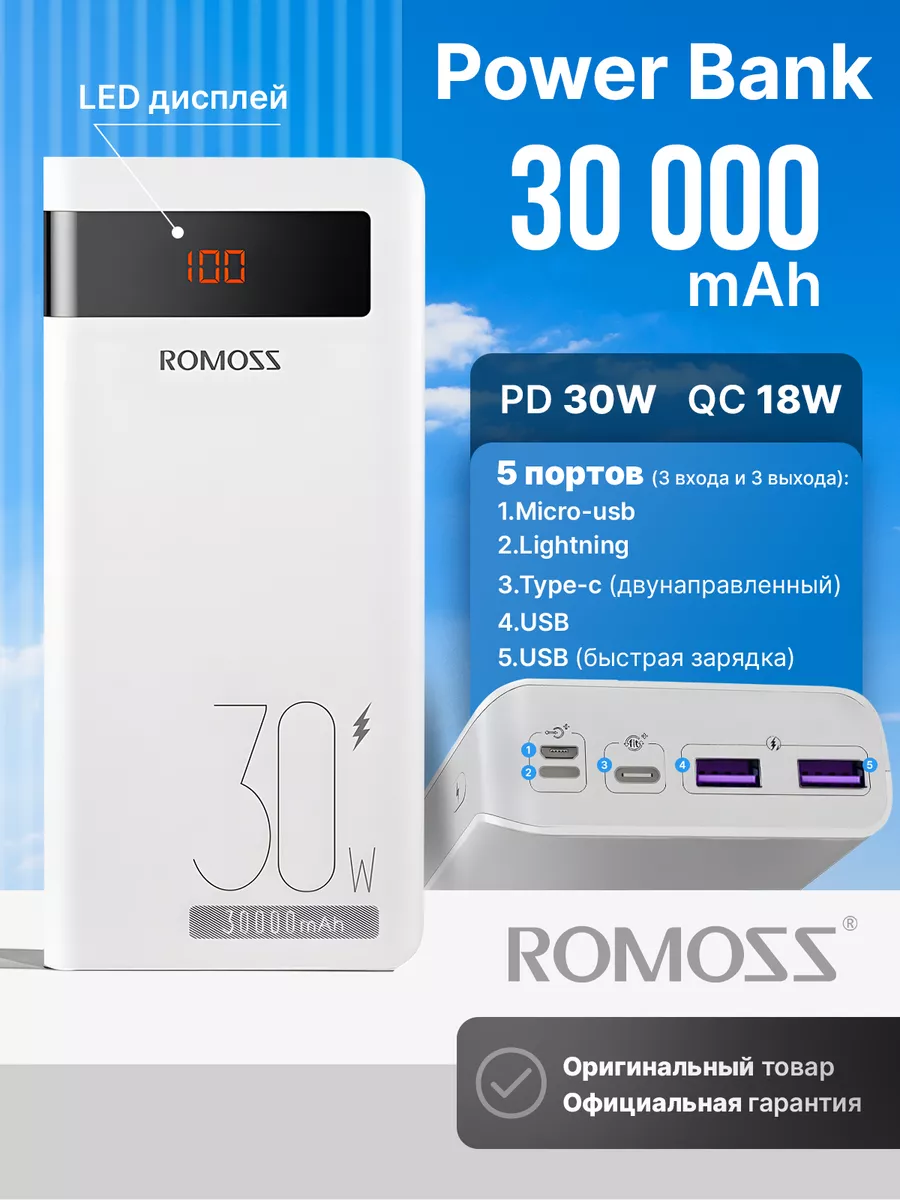 Внешний аккумулятор повербанк Sense 8PS Pro 30000 mAh 30W