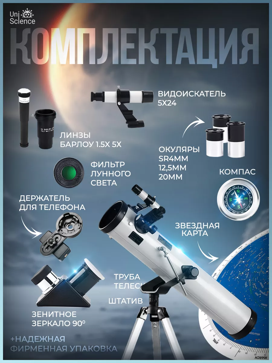 Телескоп астрономический детский UniScience купить по цене 5 828 ₽ в  интернет-магазине Wildberries | 127678772